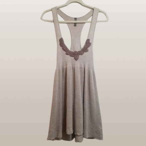 Free People Knit Cream and Brown Mini Sweater Dress | Winter Layering Dress Boho - Picture 1 of 9